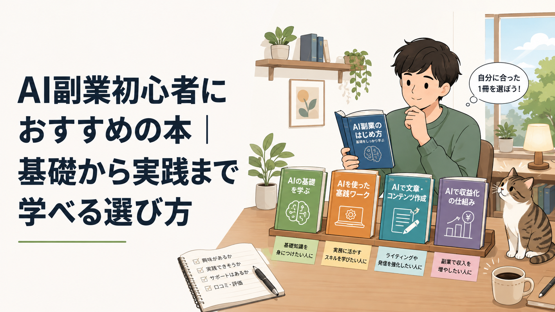 AI副業の入門書を目的別に並べ、自分に合う一冊を選んでいる人物とそばに座る猫
