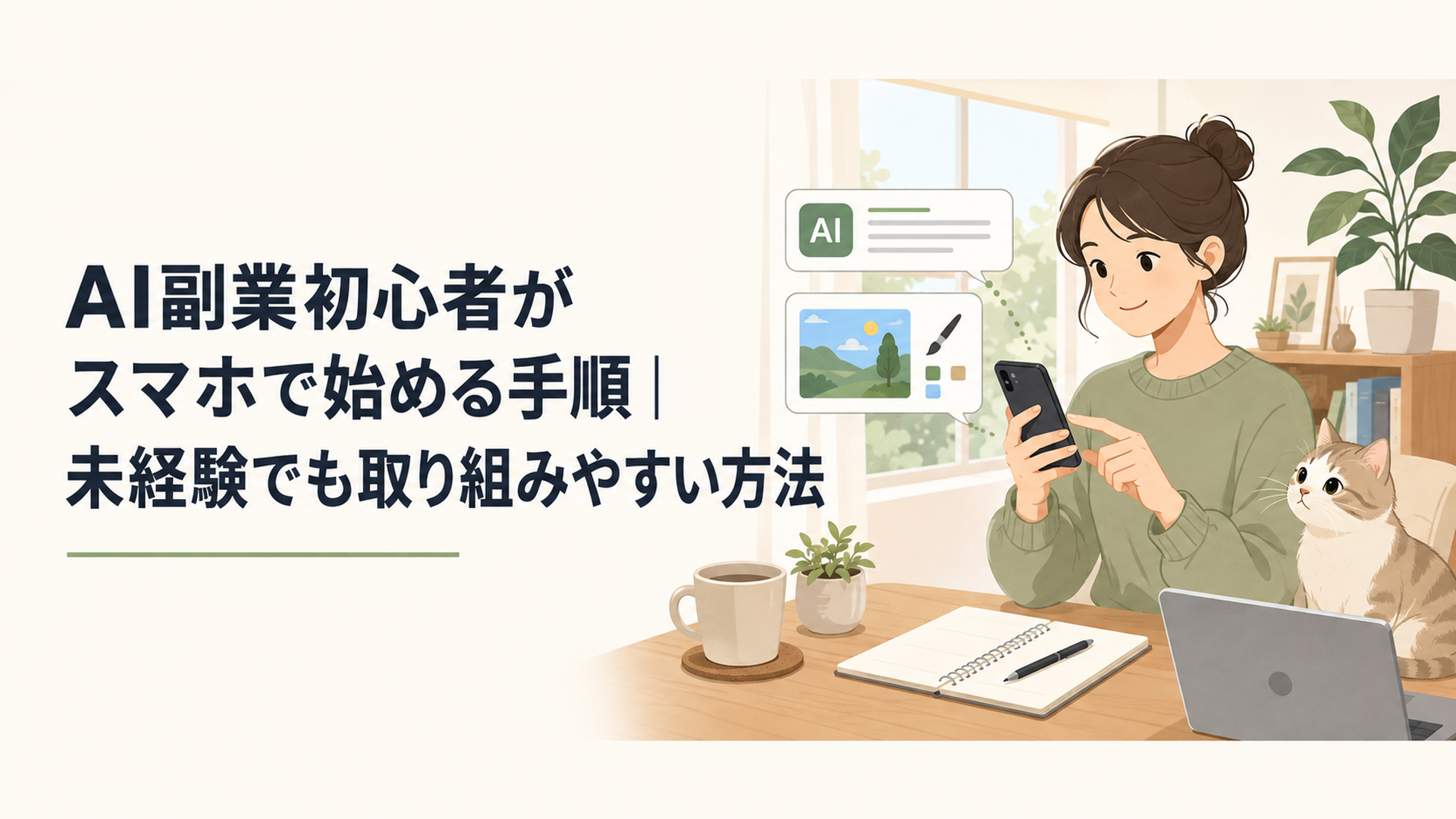 スマートフォンでAIを使って文章や画像を制作する人物とそばで見守る猫