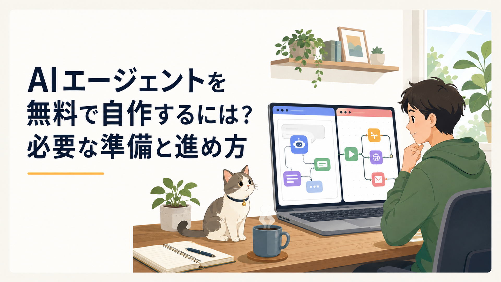 Difyとn8nを使って無料のAIエージェントを自作する方法をパソコンで学ぶ人物とそばにいる猫