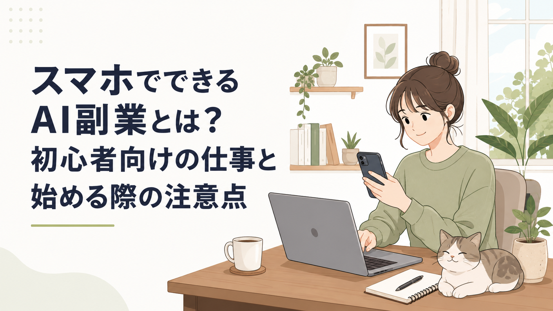 スマホとパソコンを使ってAI副業に取り組む人物