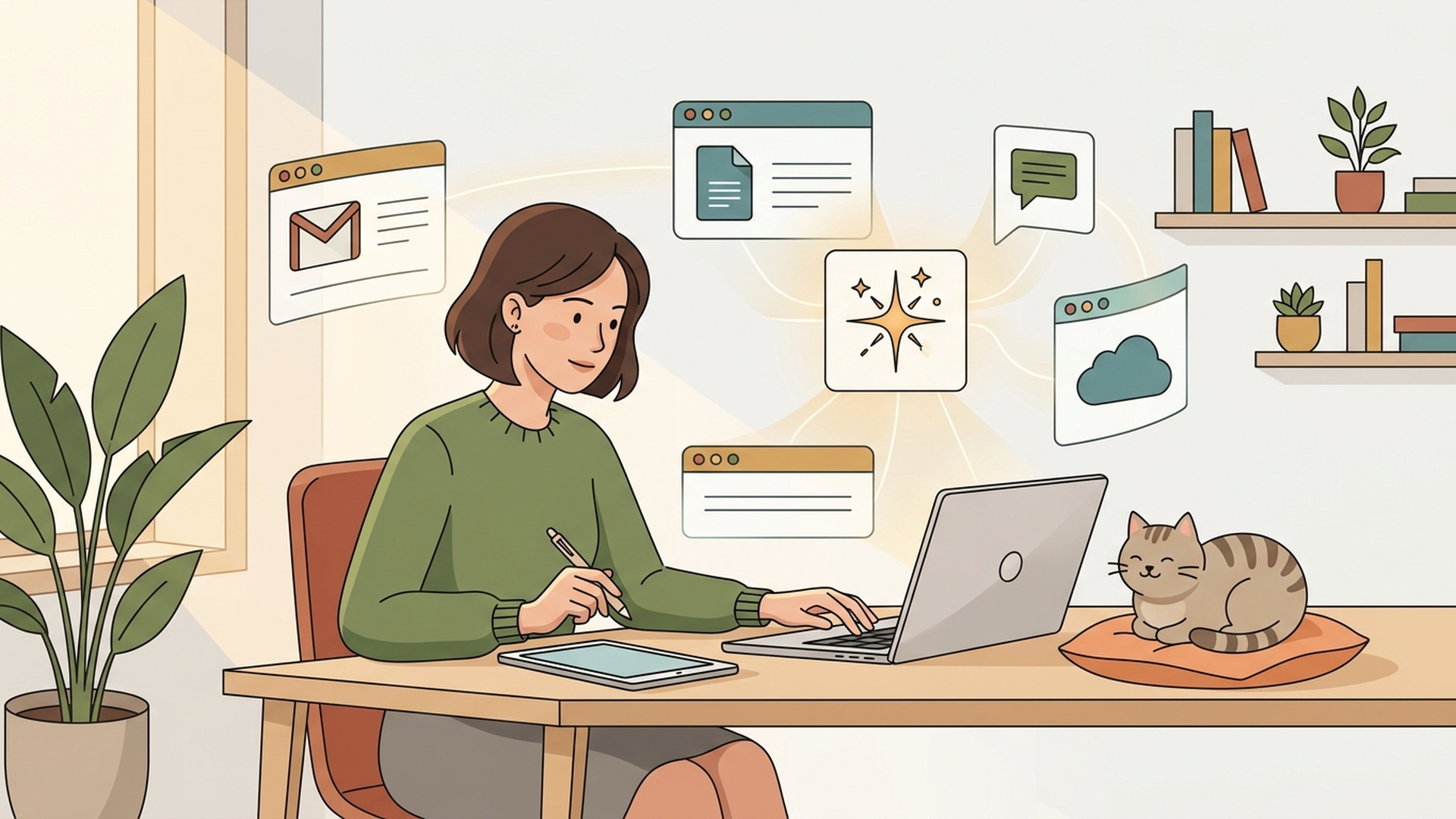 GmailやDocsと連携しながら複数の仕事を進めるGemini Sparkのイメージ
