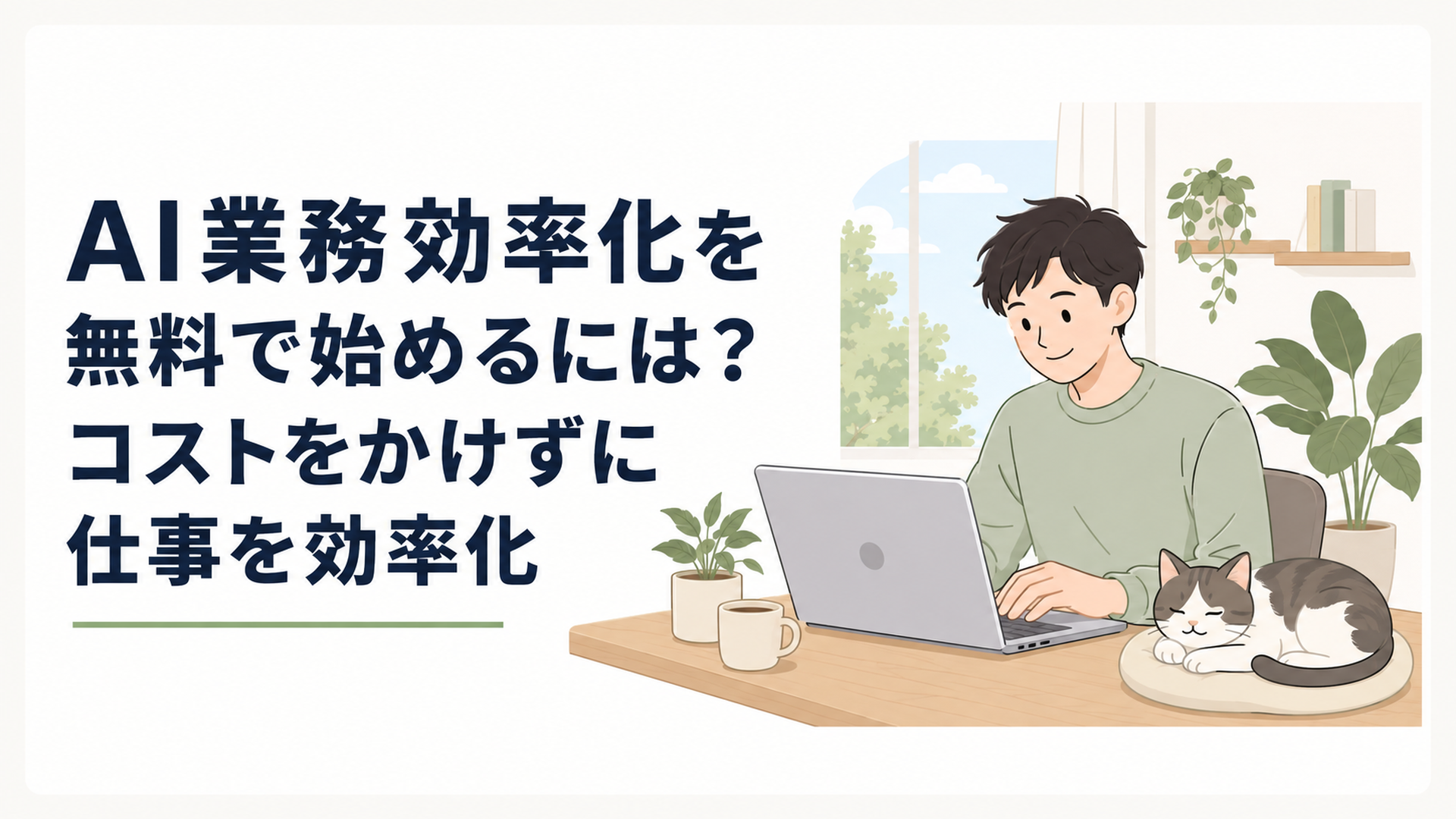 無料の生成AIを使ってパソコン作業を効率化する人物と猫