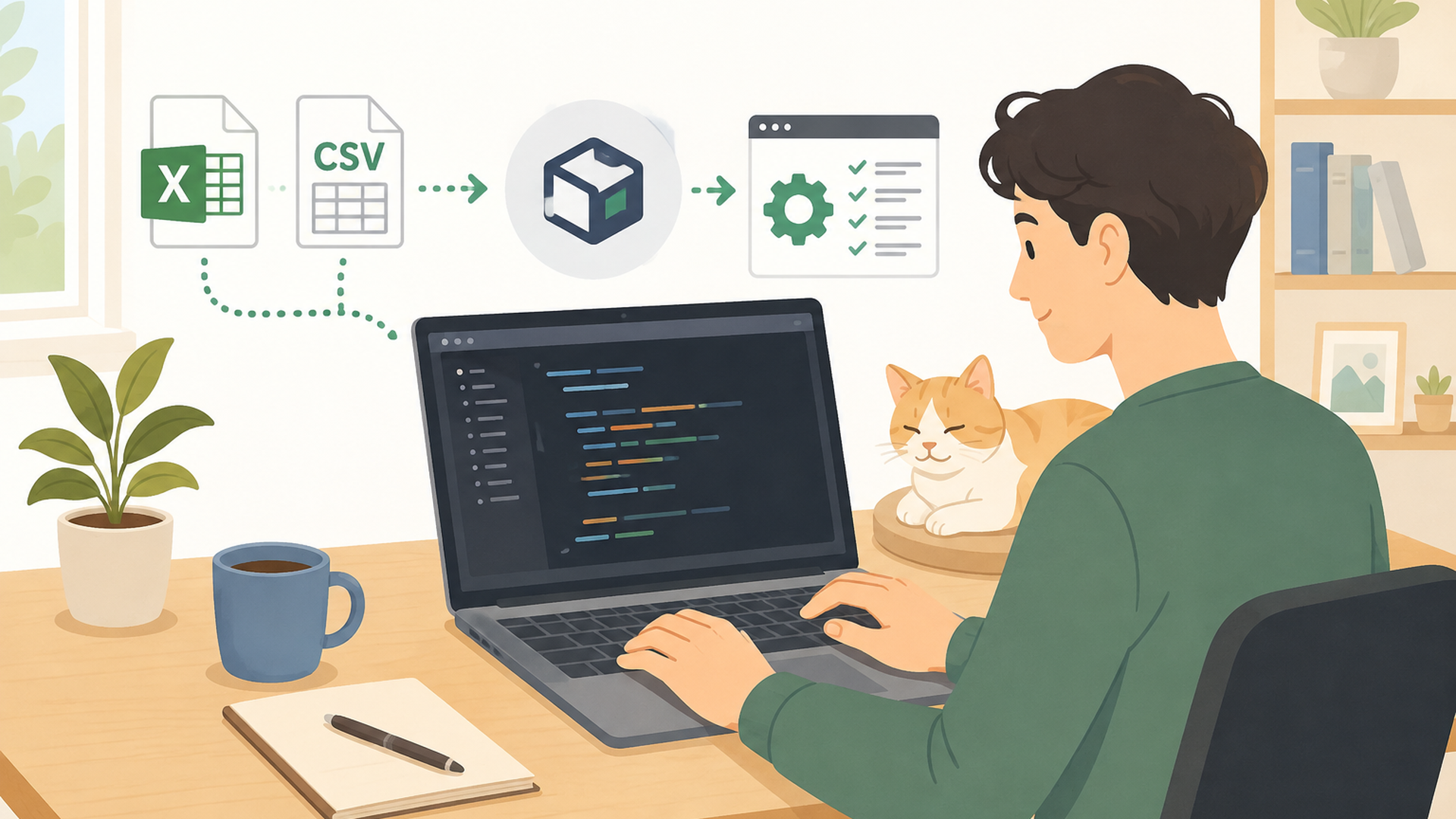 ExcelやCSVの自動化作業をCodexで進めるパソコン画面と作業デスク
