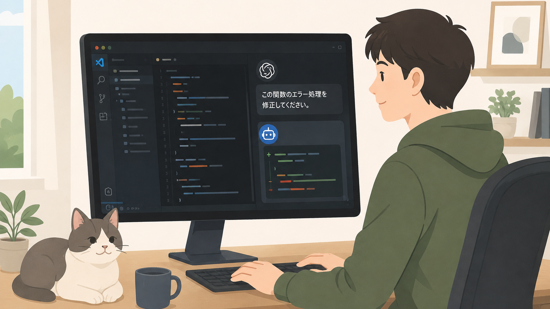 VSCode内でCodexに日本語でコード修正を依頼しているパソコン画面