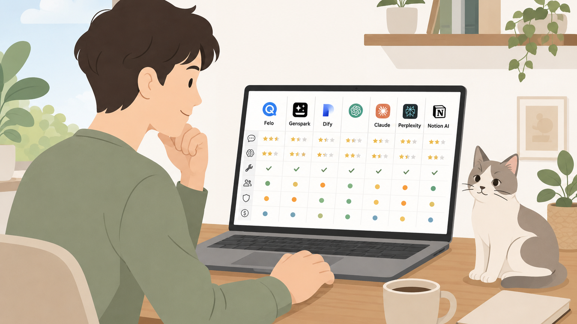 FeloやGensparkやDifyなど7つのAIエージェントを比較しているパソコン画面