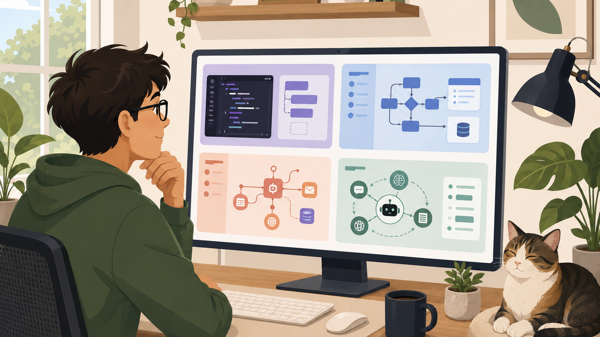 Cursor・Dify・n8n・AutoGPTの特徴を比較しているパソコン画面