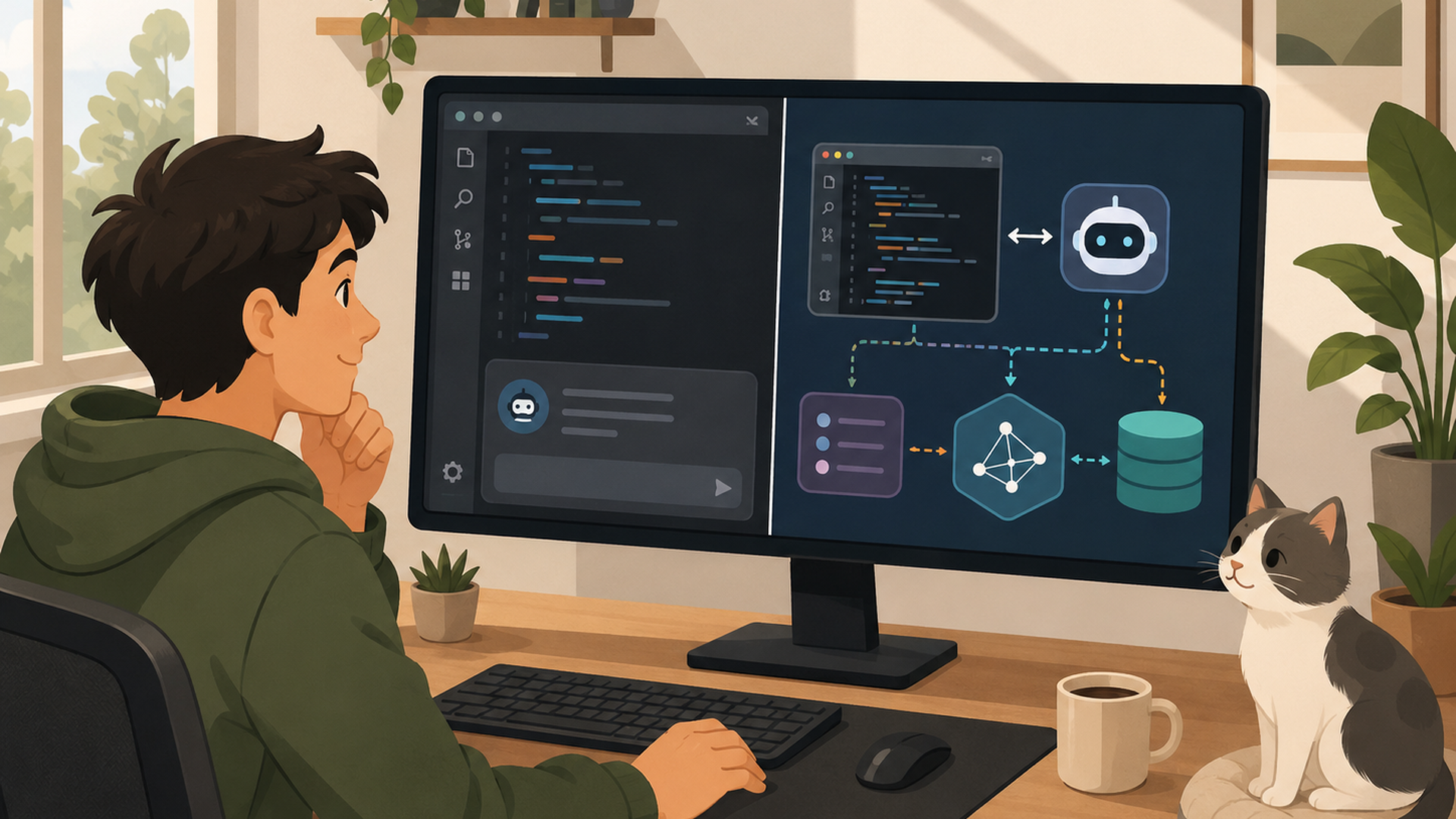 VSCode標準AIとCline＋Gemini APIの違いを比較しているパソコン画面