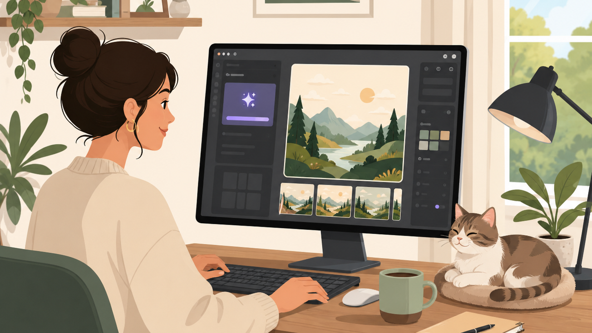 パソコン画面でCanva AIに文章を入力し生成したイラストを確認する人物