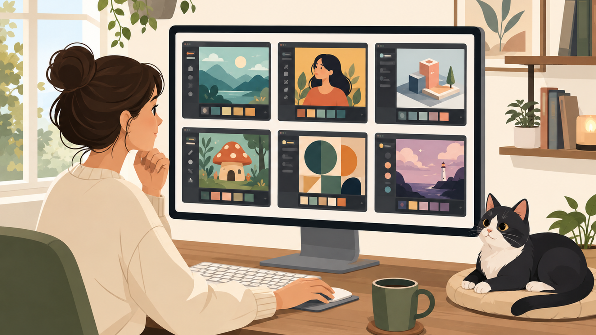 6つの無料AIイラスト作成ツールを画面で比較する人物