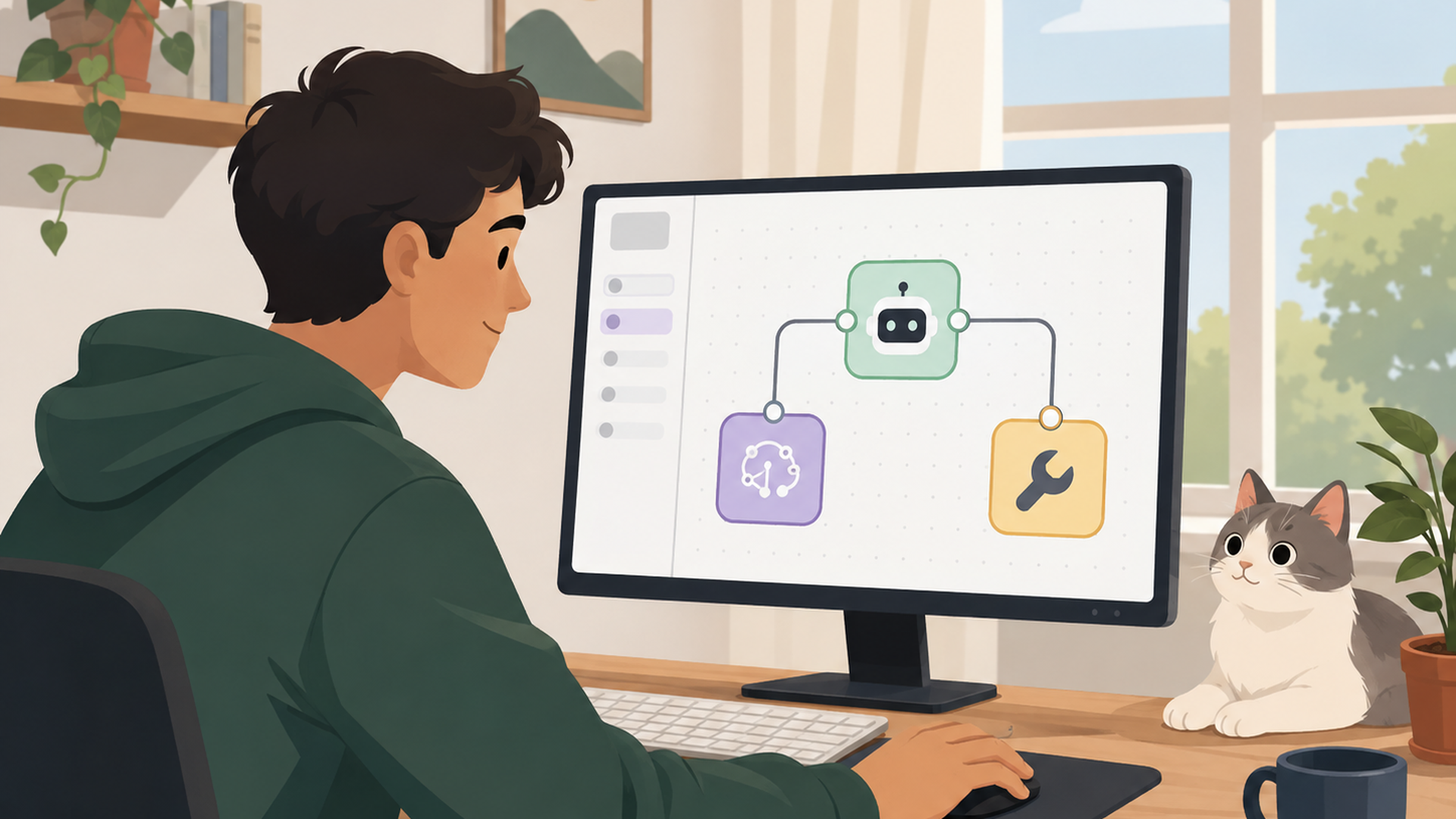 n8nの画面でAI AgentとChat ModelとToolsをつなぐ人物