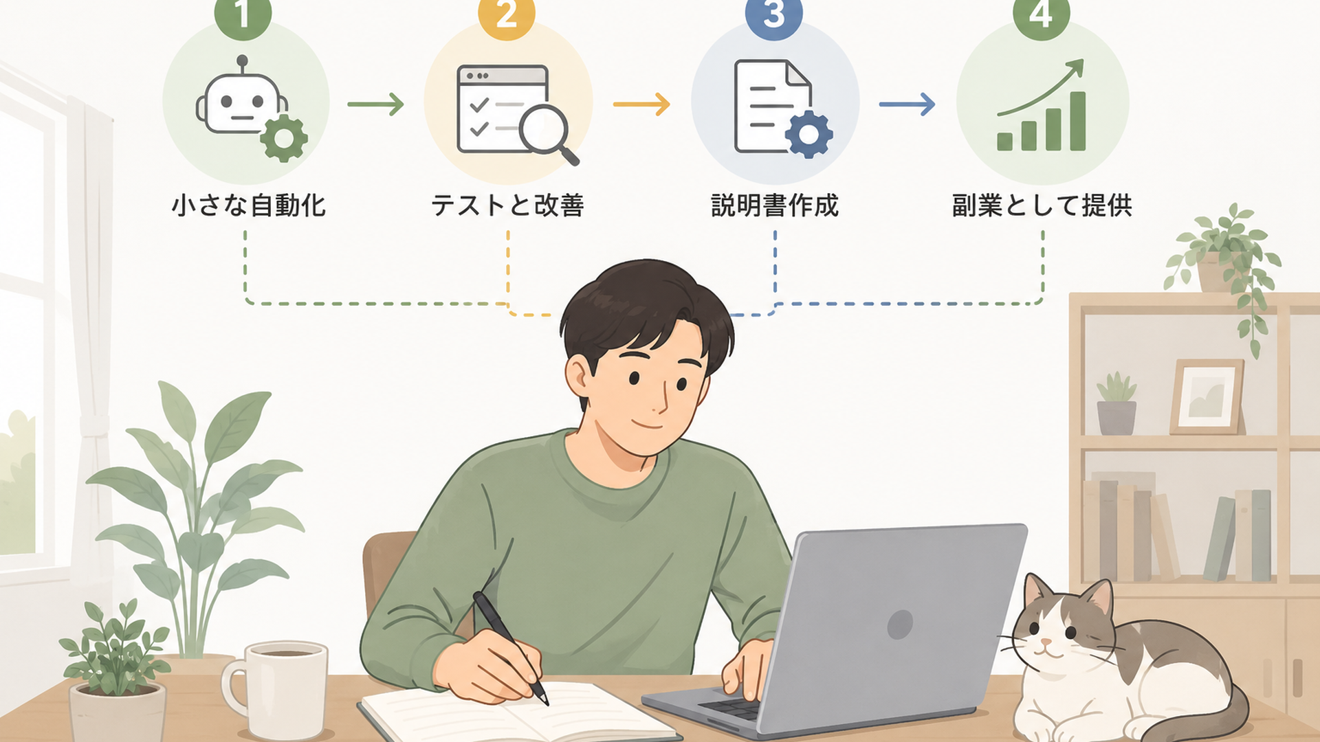 小さな自動化からテストと説明書作成まで段階的に副業準備を進める人物