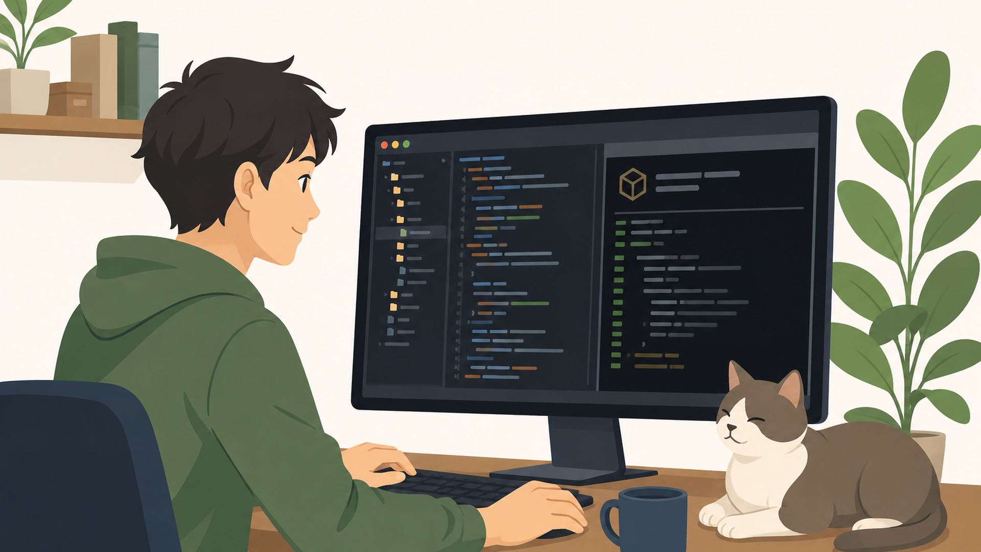 IDEやターミナルと連携してClaude Codeで複数ファイルを編集しているパソコン画面