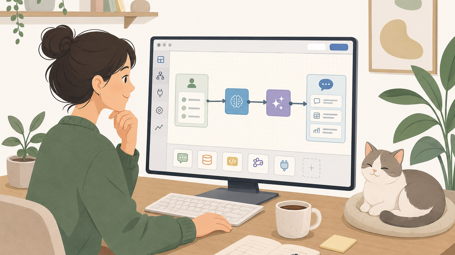 Difyで入力と出力を決めて小さなAIエージェントを作る手順を確認する人物