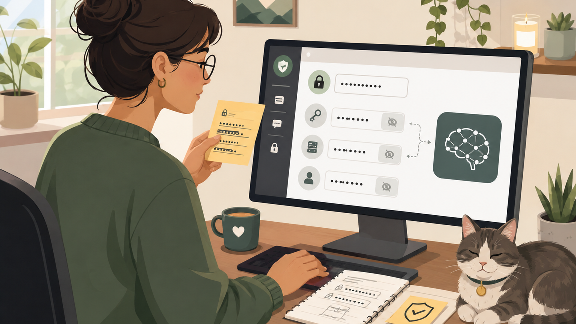 AIサービスへ入力するAPIキーや機密情報を慎重に確認している人物