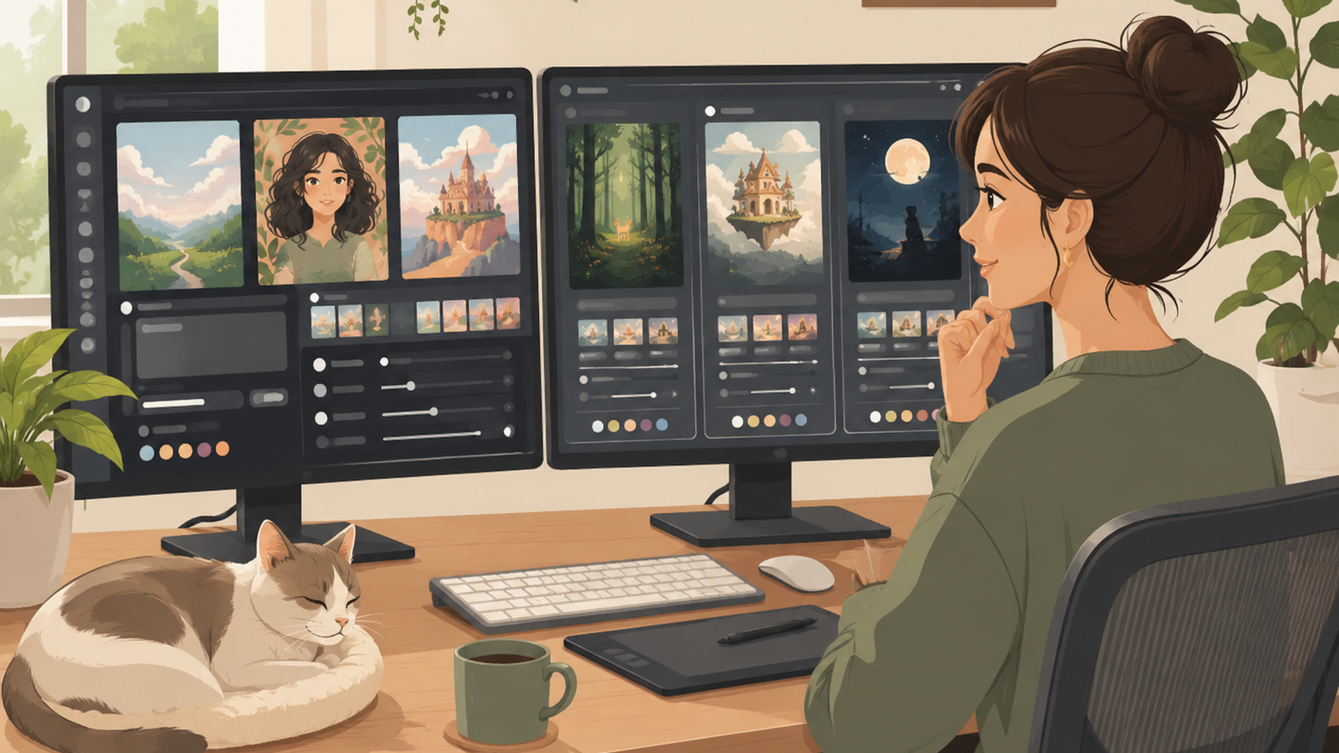 PixAIとFireflyなど複数のAIイラスト作成アプリを画面で比較する人物