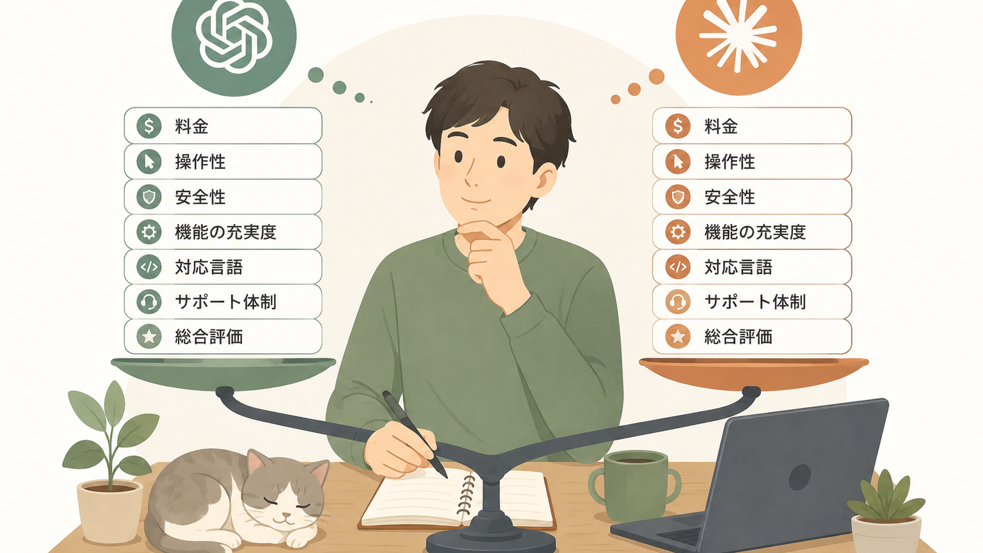 CodexとClaude Codeの料金や操作性や安全性を7項目で比較している人物