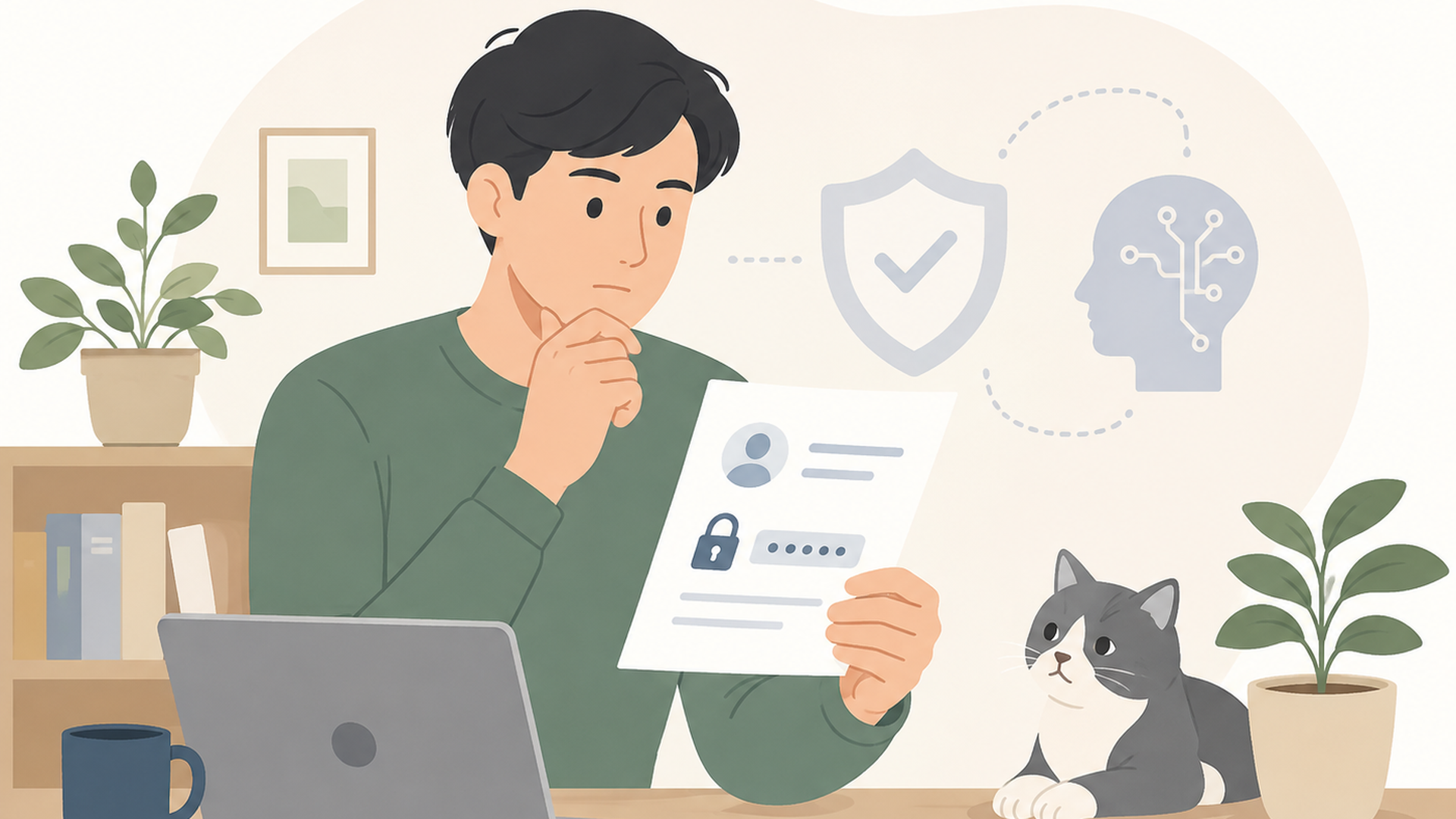 AIサービスへ入力する個人情報や機密情報を慎重に確認している人物