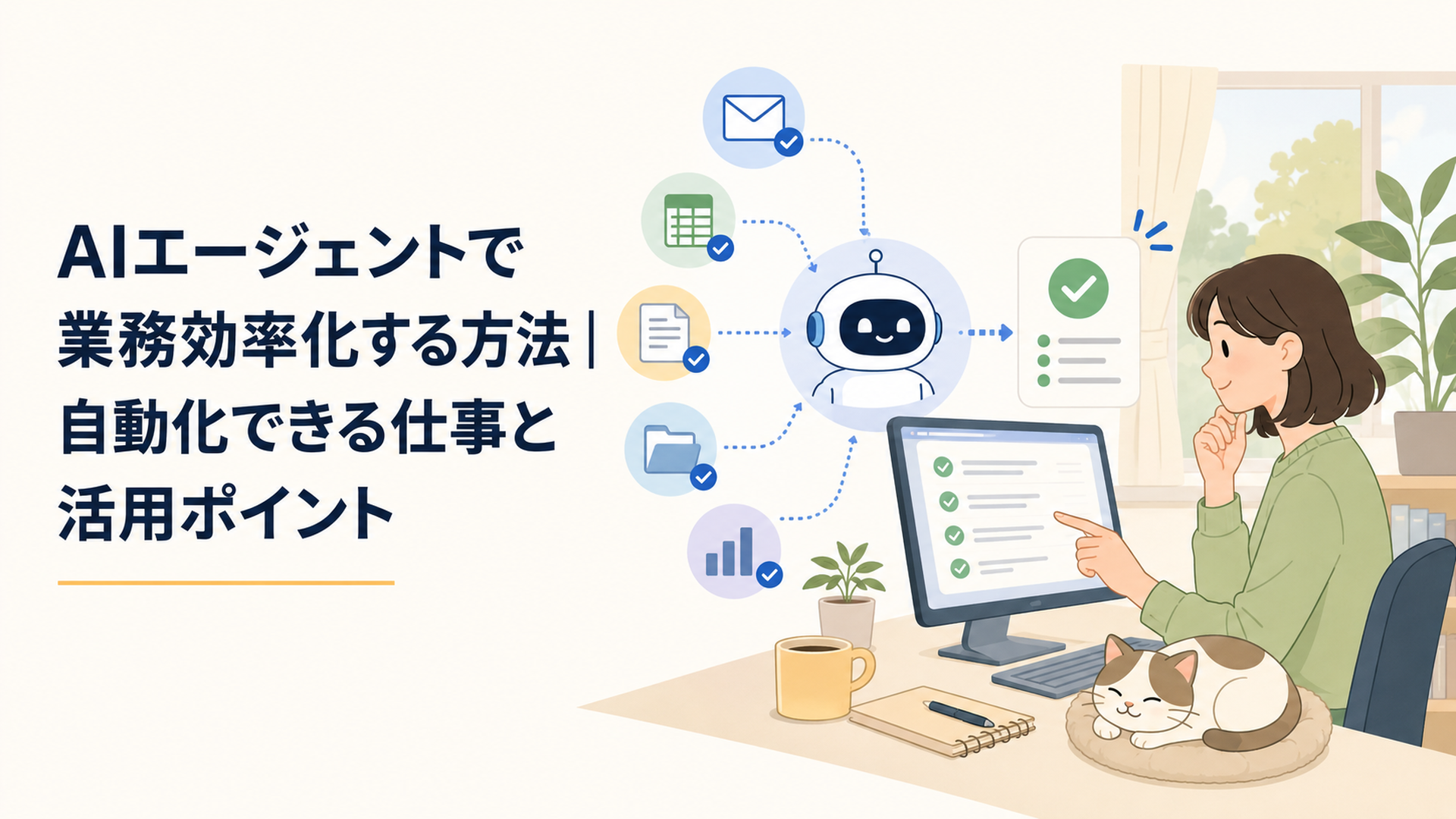 AIエージェントが複数の業務を処理し人物が最終確認する仕事風景