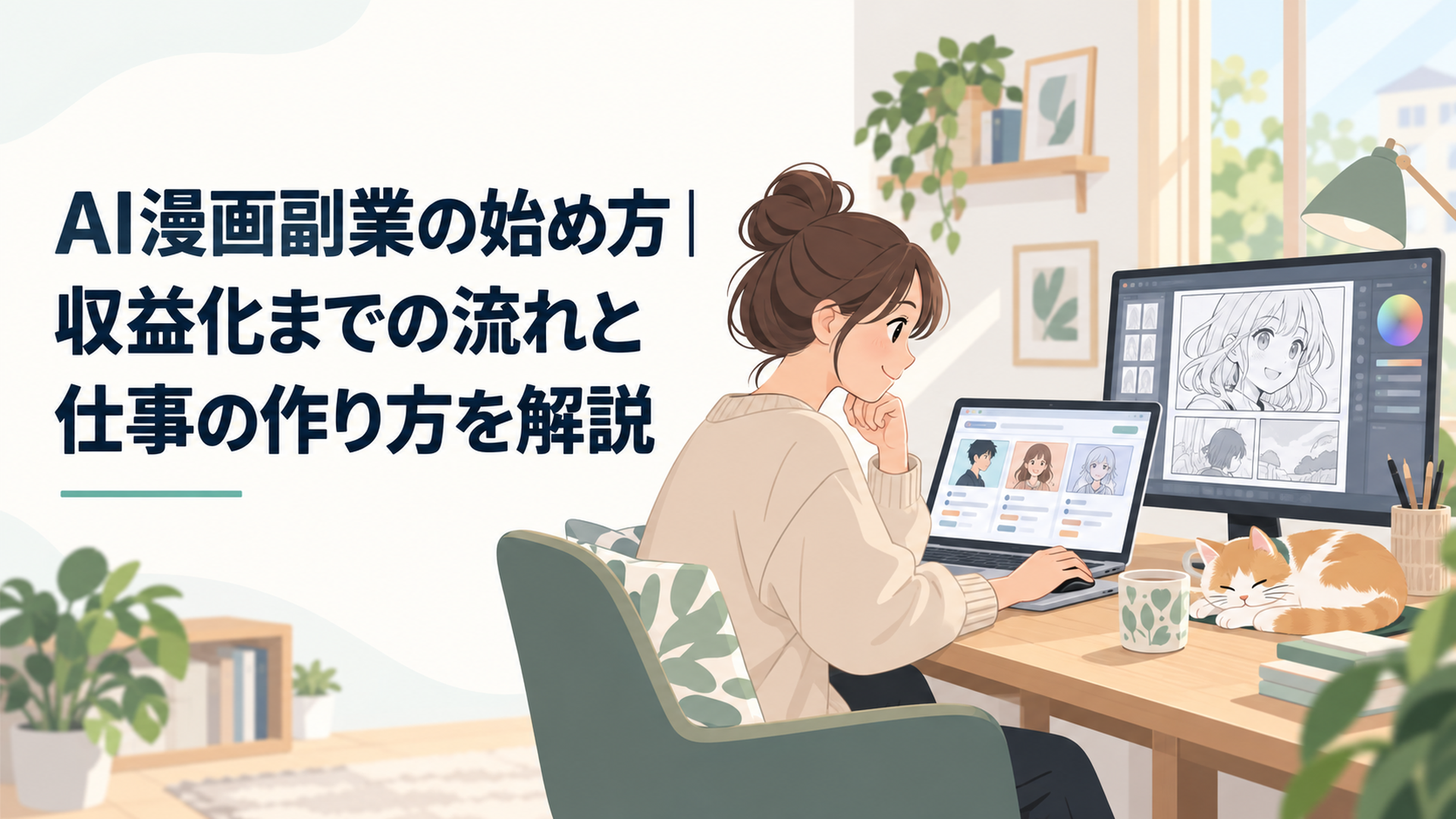 AI漫画の求人情報と漫画制作画面をパソコンで比較している在宅ワークのデスク