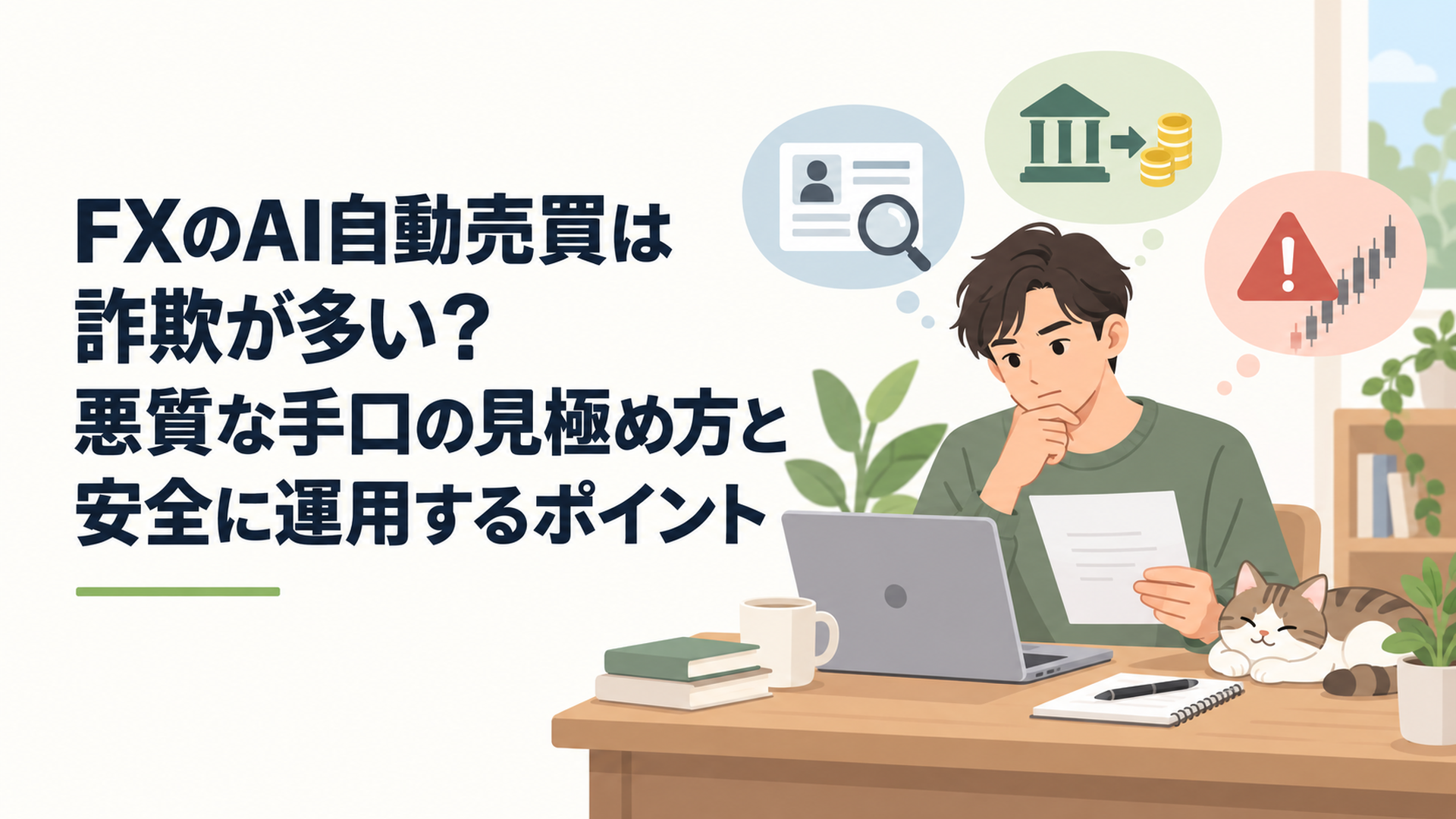 FXのAI自動売買サービスについて登録情報や振込先や運用リスクを慎重に確認する人物