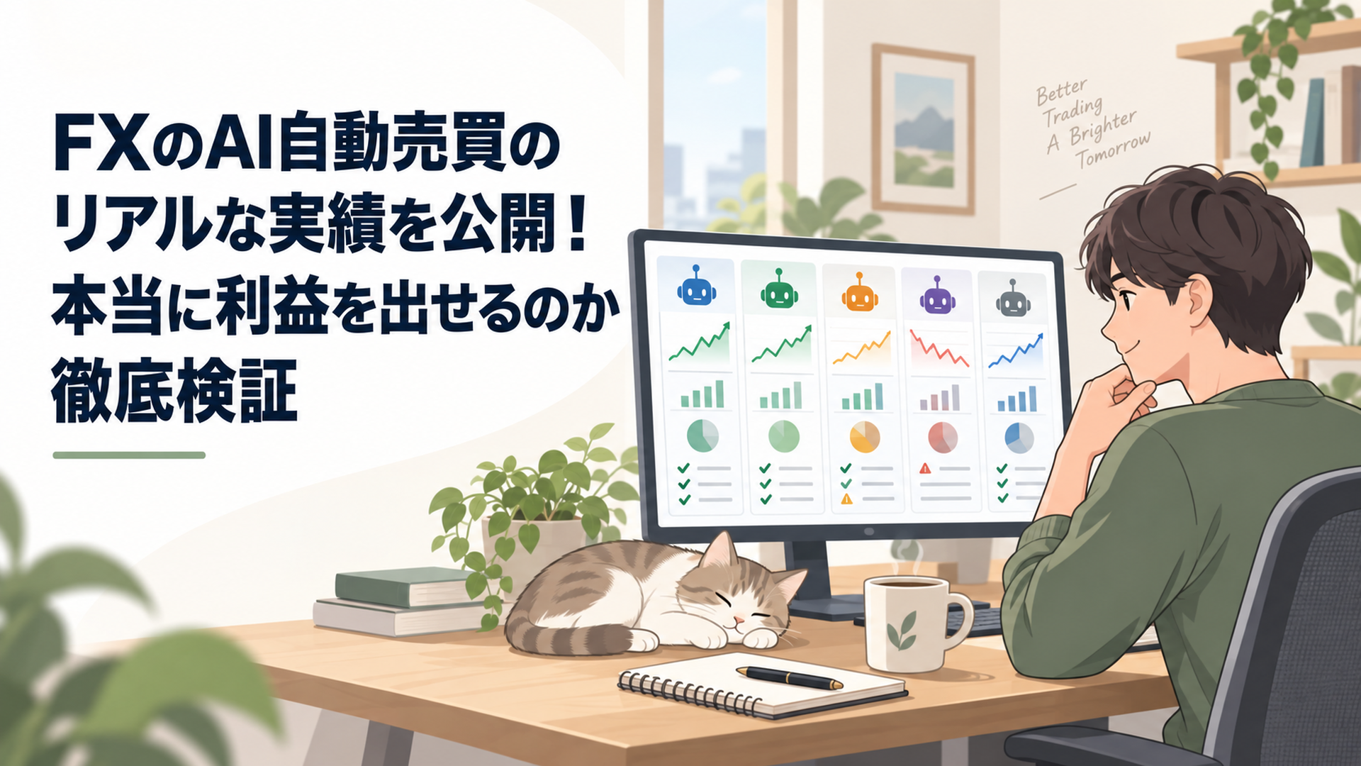 FXのAI自動売買5サービスの公開実績とリスクをパソコンで比較する人物