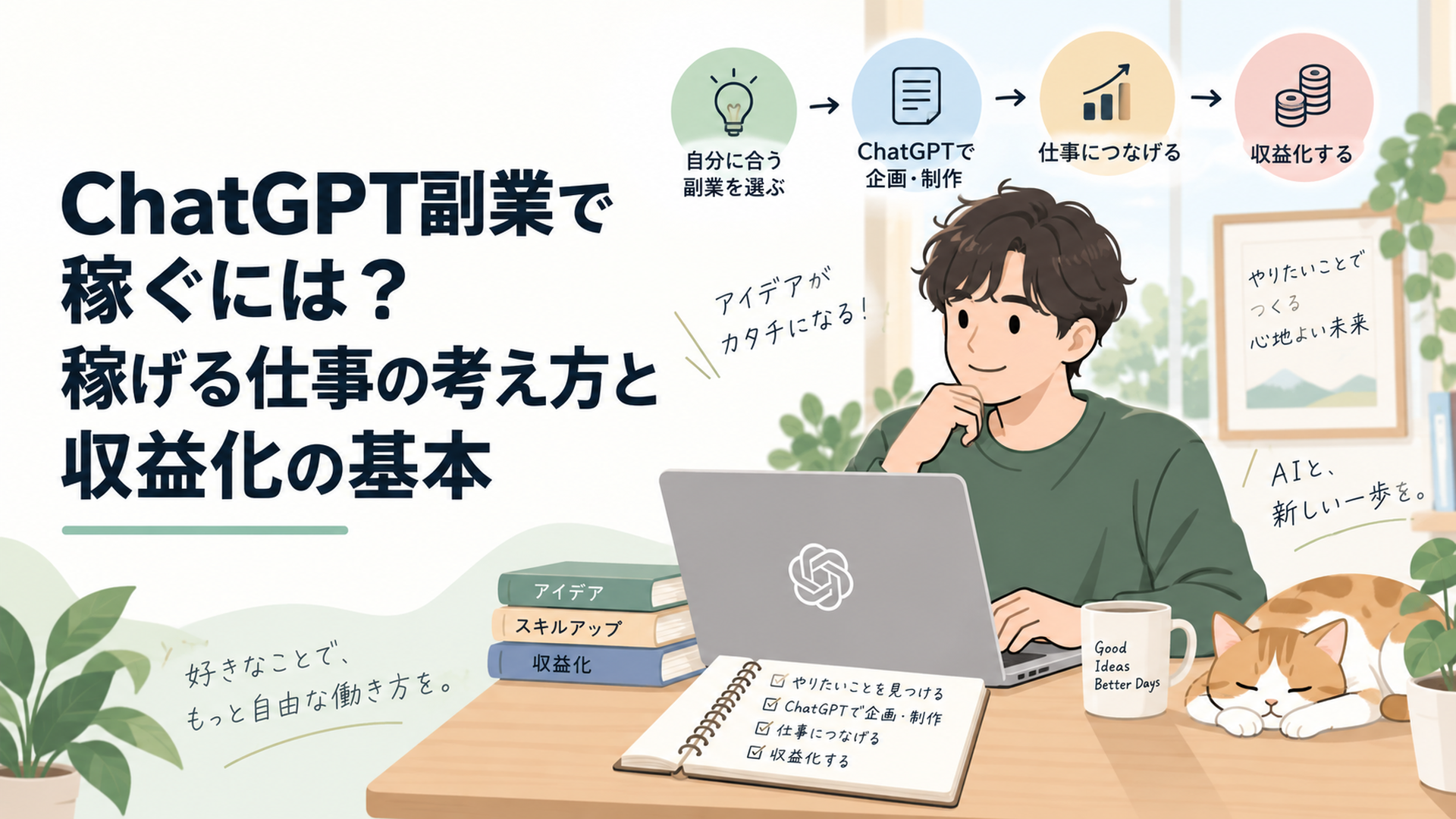 ChatGPTを活用しながら自分に合う副業を選び収益化までの流れを整理している人物
