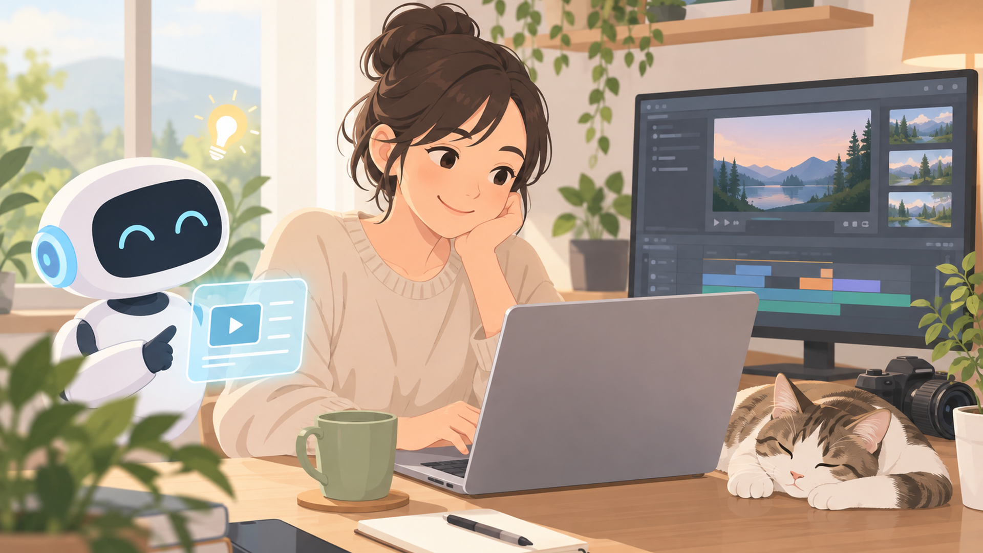 AIを相棒にして無理なくYouTube副業を続ける落ち着いた自宅作業風景